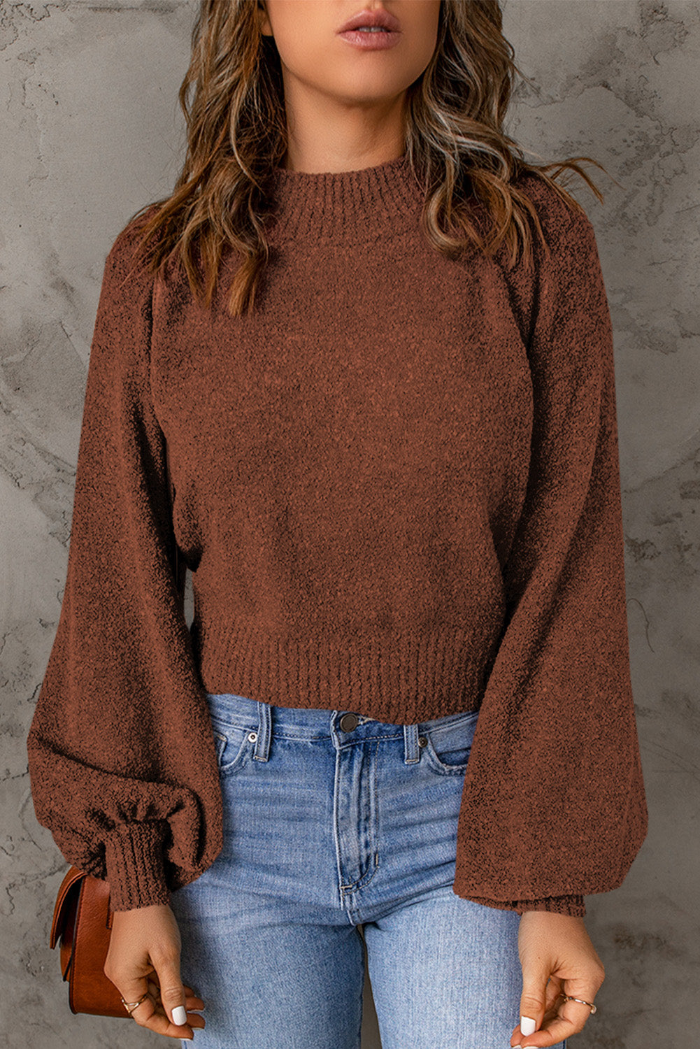 Rib Knit Trim Balloon Sleeve Sweater