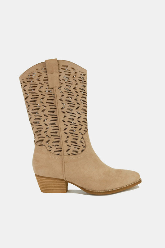 Vegan Suede Laser Cutout Cowgirl Boots in Tan