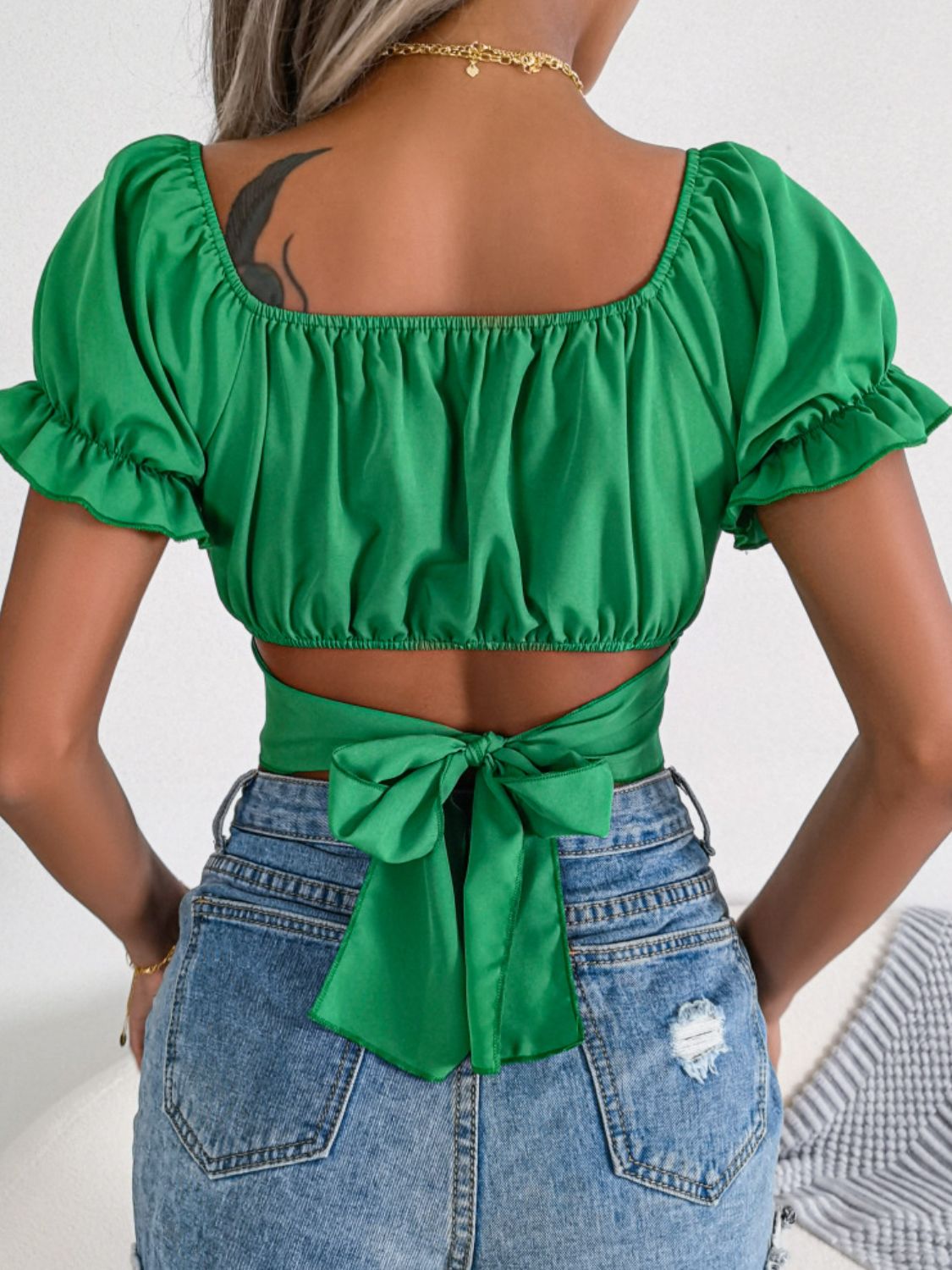 Square Neck Crisscross Puff Sleeve Cropped Top