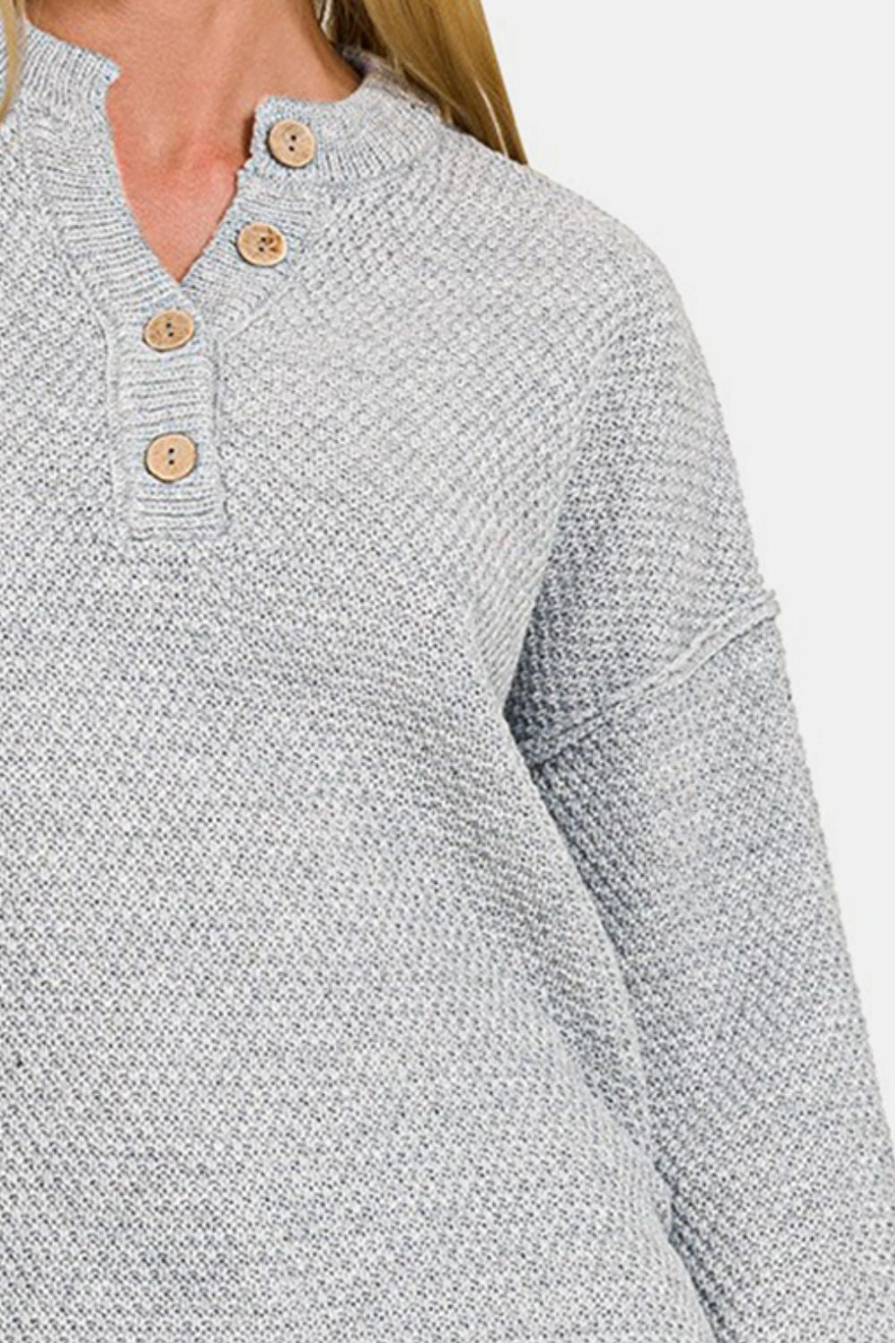 Button Closure Drop Shoulder Sweater in Grey