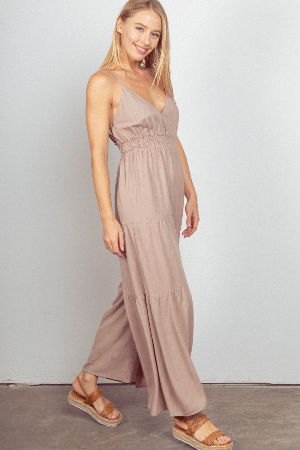 Sleeveless Ruched Wide Leg Jumpsuit in Natural