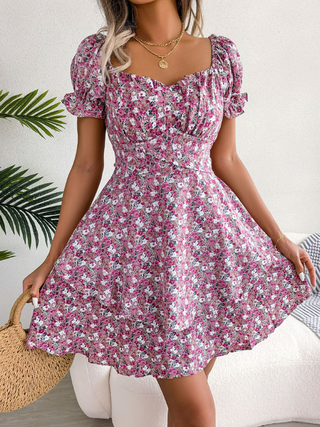 Floral Sweetheart Neck Puff Sleeve Mini Dress