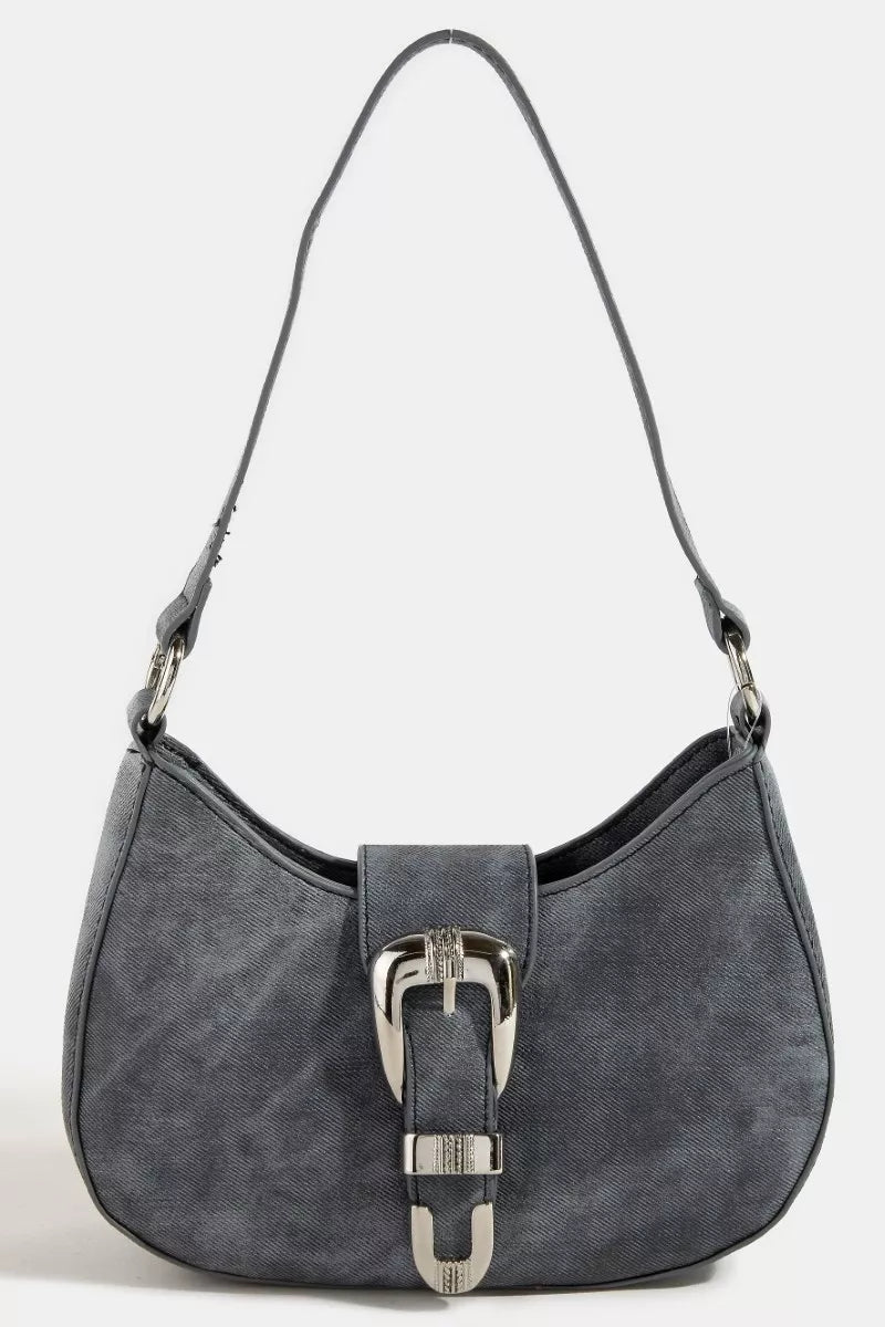 Gray handbag with a silver buckle on a white background