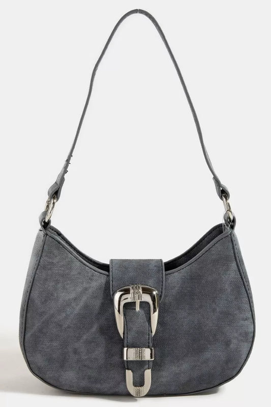Gray handbag with a silver buckle on a white background