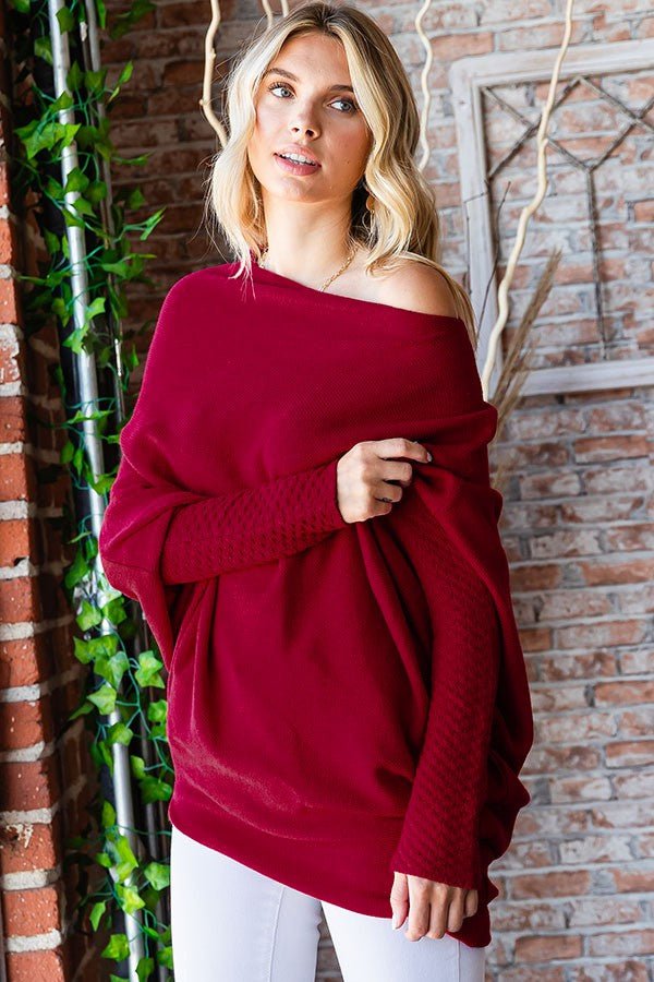 First Love - Asymmetrical Hem Dolman Sleeve Sweater in Burgundy