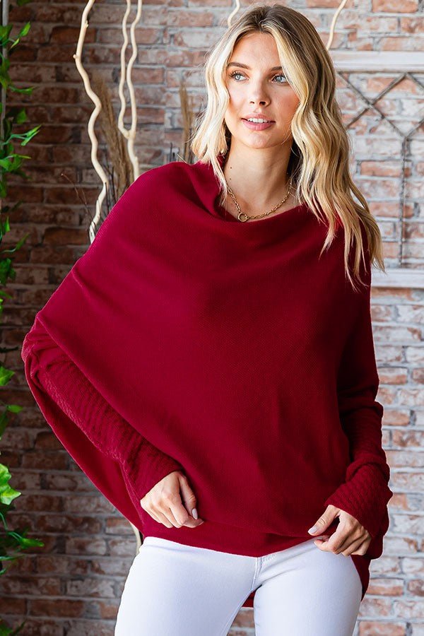 First Love - Asymmetrical Hem Dolman Sleeve Sweater in Burgundy