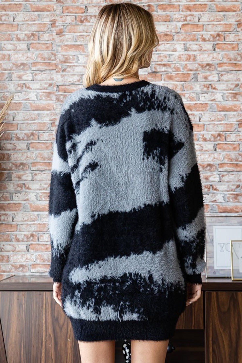 First Love - Black Contrast Abstract Pattern Feather Yarn Sweater