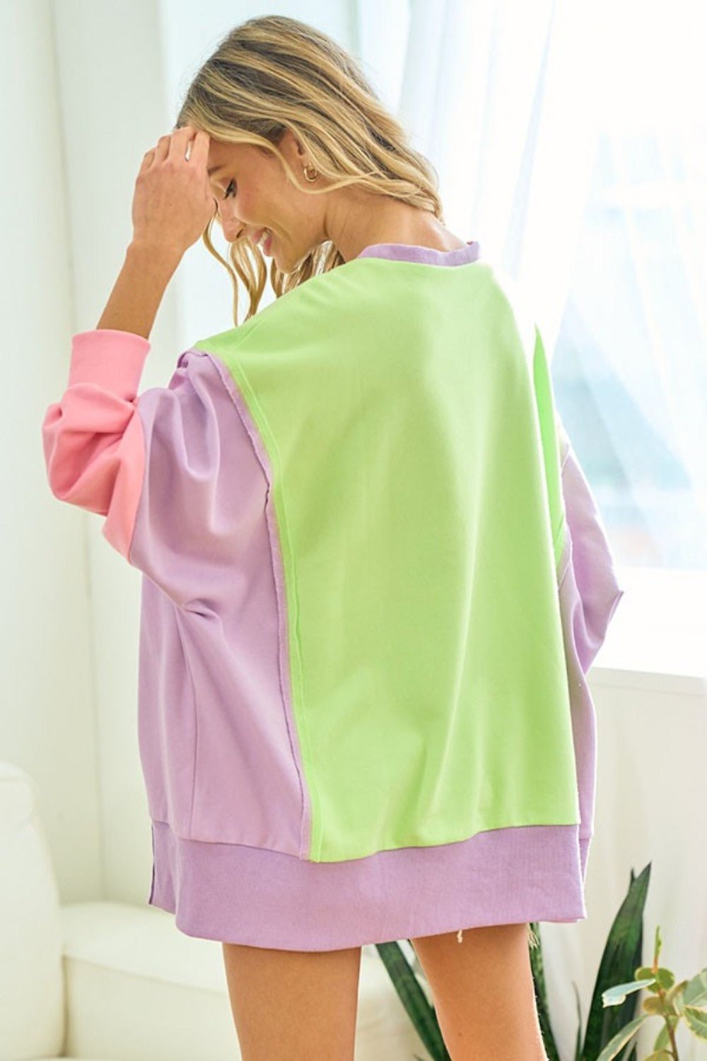 First Love - Color Block Long Sleeve Tunic Sweatshirt in Lime