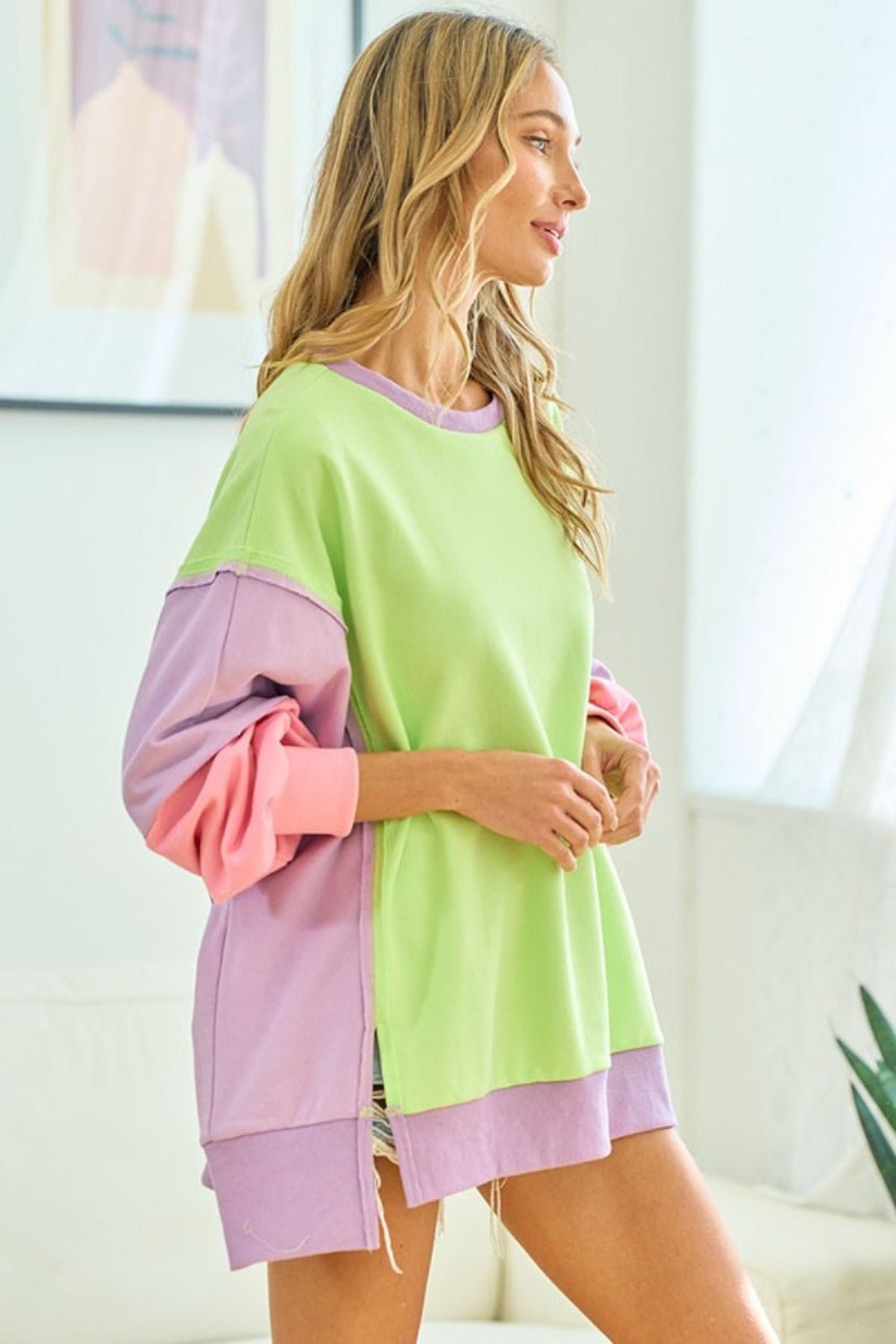 First Love - Color Block Long Sleeve Tunic Sweatshirt in Lime