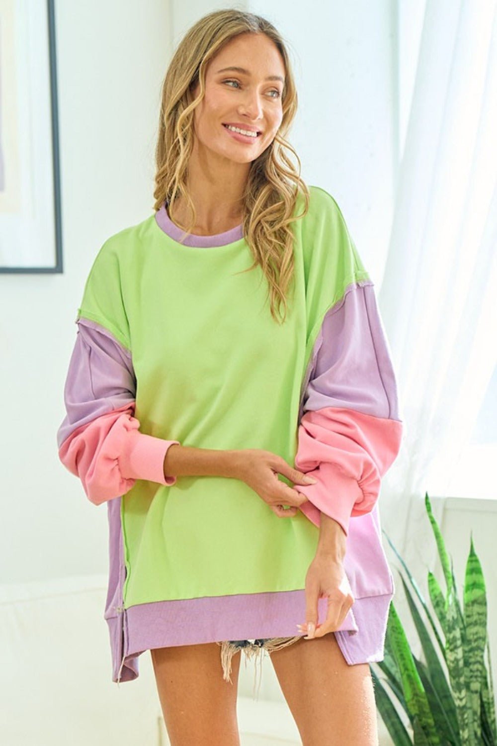 First Love - Color Block Long Sleeve Tunic Sweatshirt in Lime