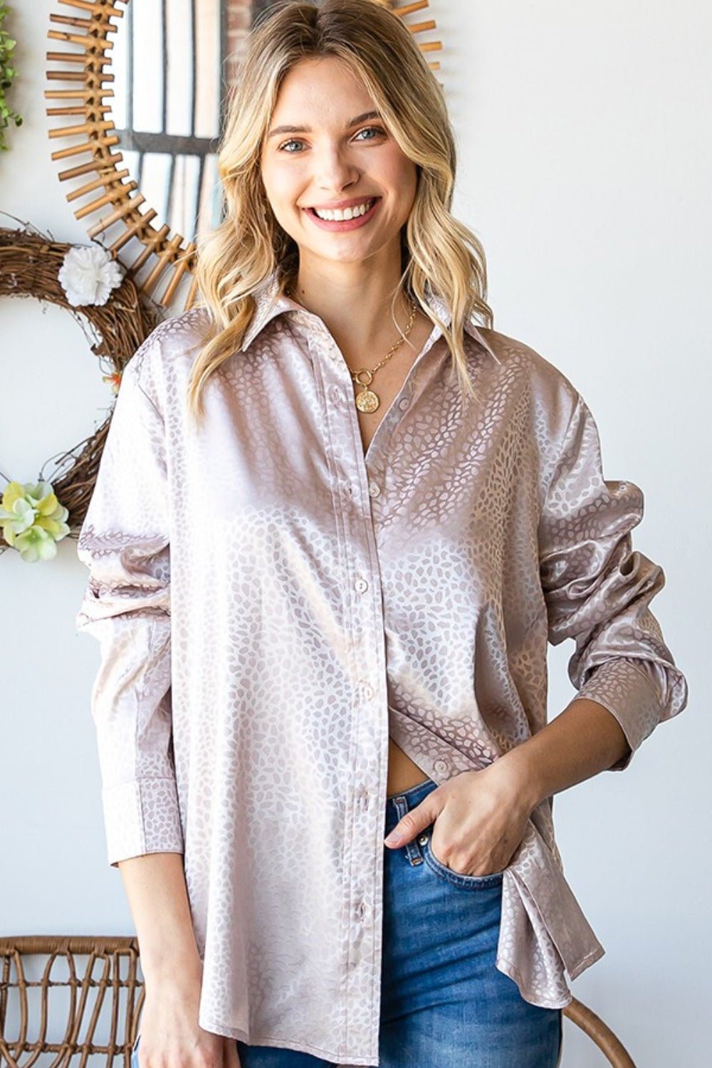 First Love - Ditsy Dot Button Down Collared Satin Shirt in Sand