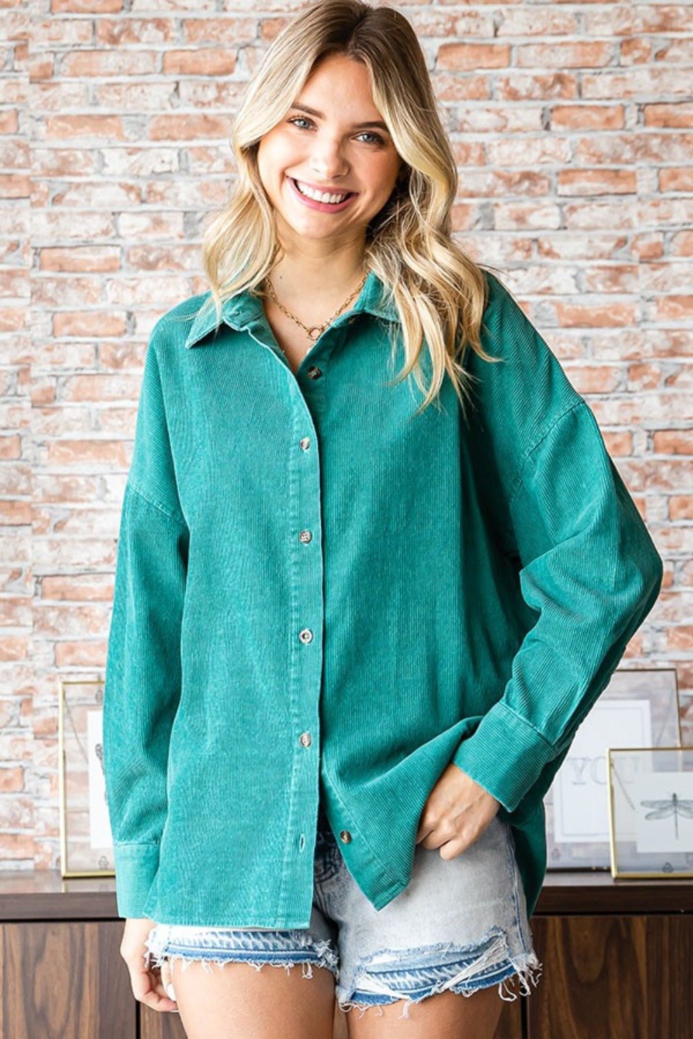 First Love - Green Washed Corduroy Button Down Long Sleeve Shirt