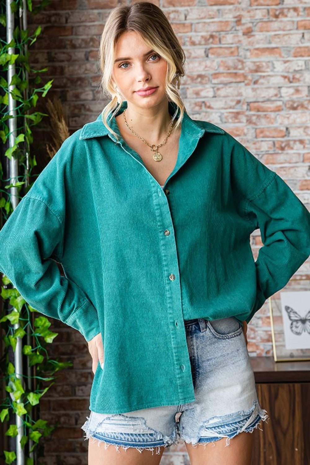 First Love - Green Washed Corduroy Button Down Long Sleeve Shirt