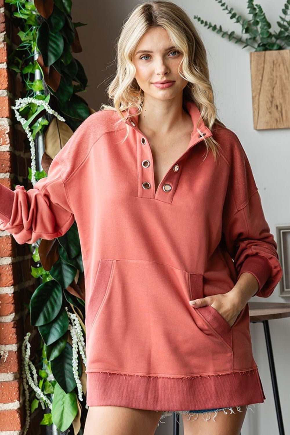 First Love - Grommet Split Neck Kangaroo Pocket Sweatshirt in Marsala