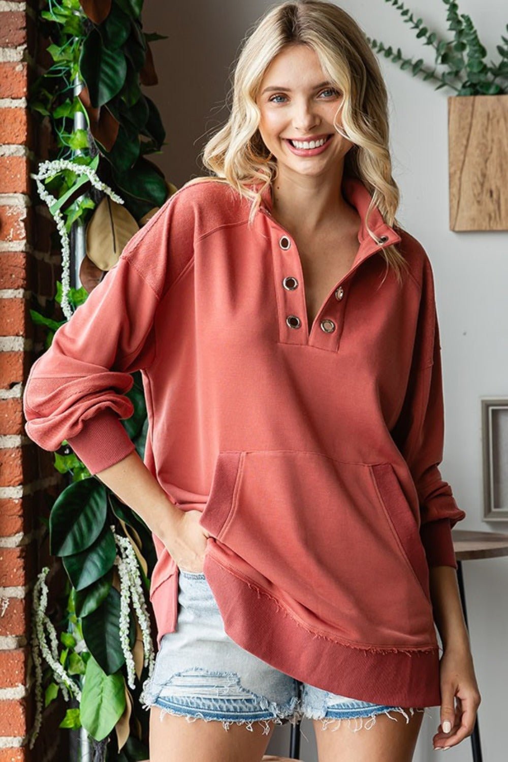 First Love - Grommet Split Neck Kangaroo Pocket Sweatshirt in Marsala