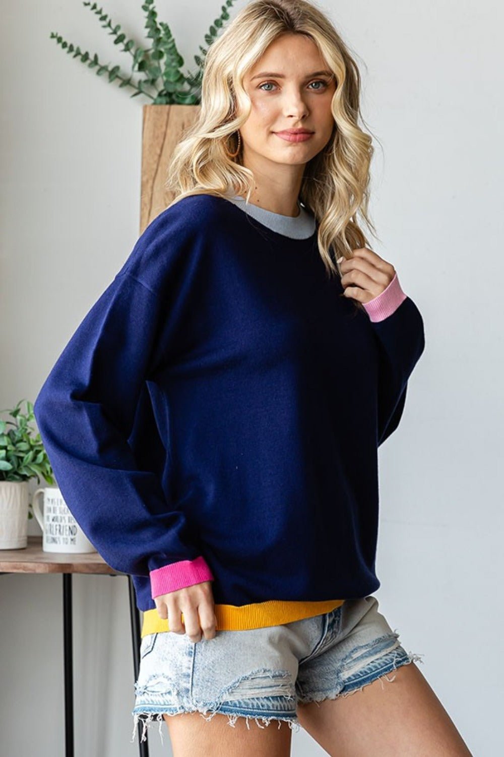 First Love - Navy Contrast Rib Knit Long Sleeve Sweater