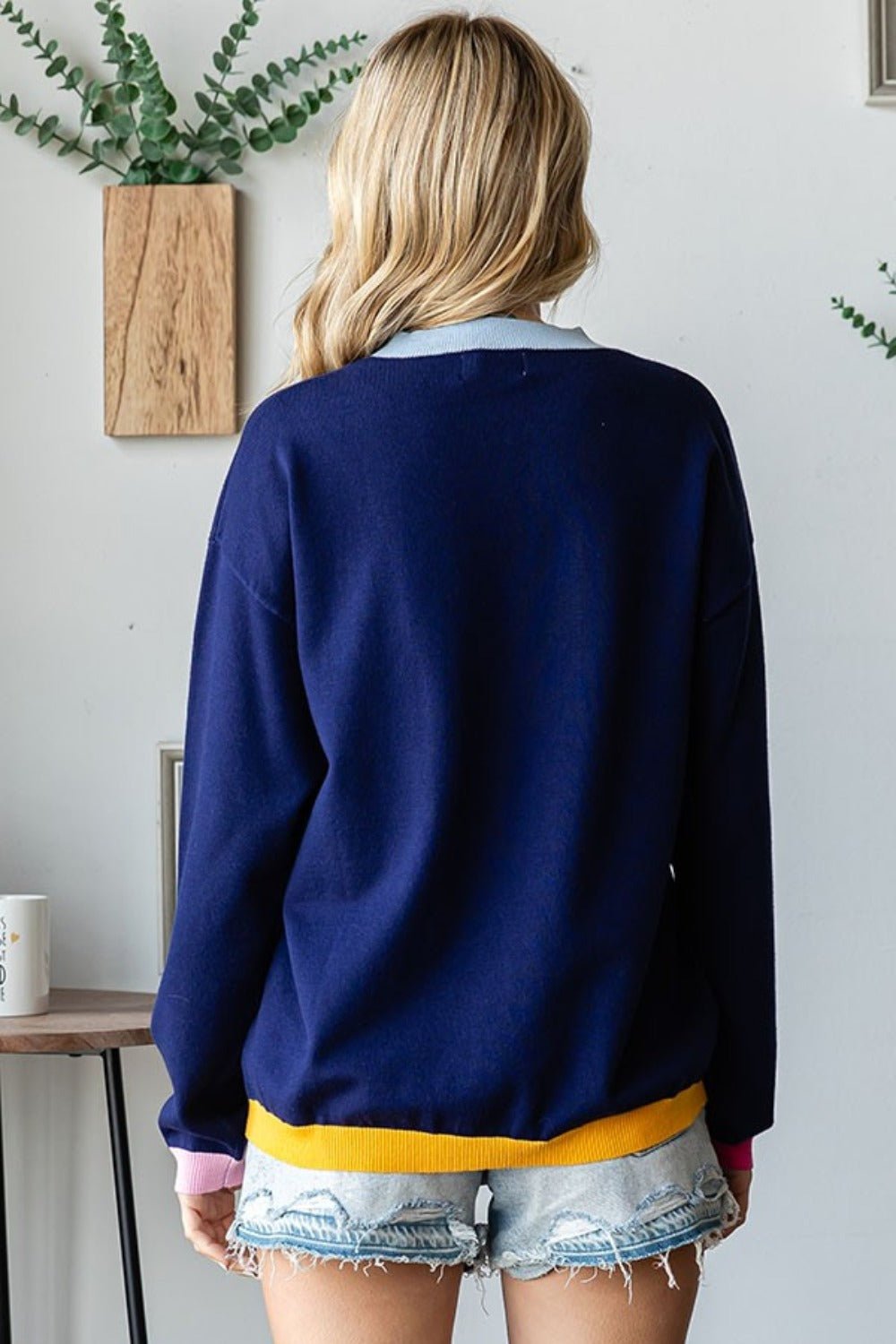 First Love - Navy Contrast Rib Knit Long Sleeve Sweater