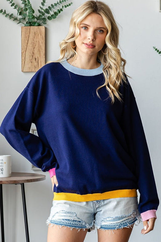 First Love - Navy Contrast Rib Knit Long Sleeve Sweater