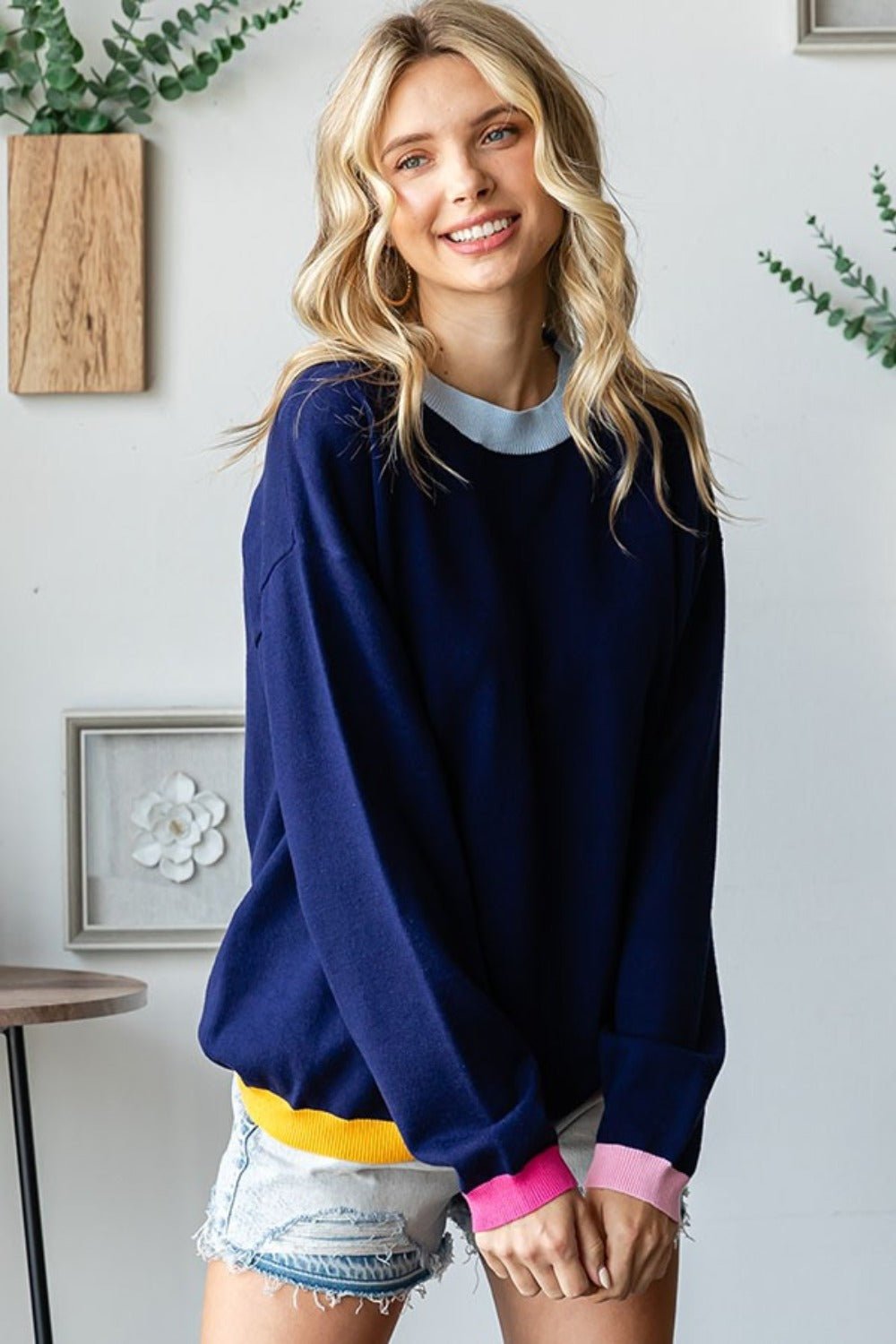 First Love - Navy Contrast Rib Knit Long Sleeve Sweater