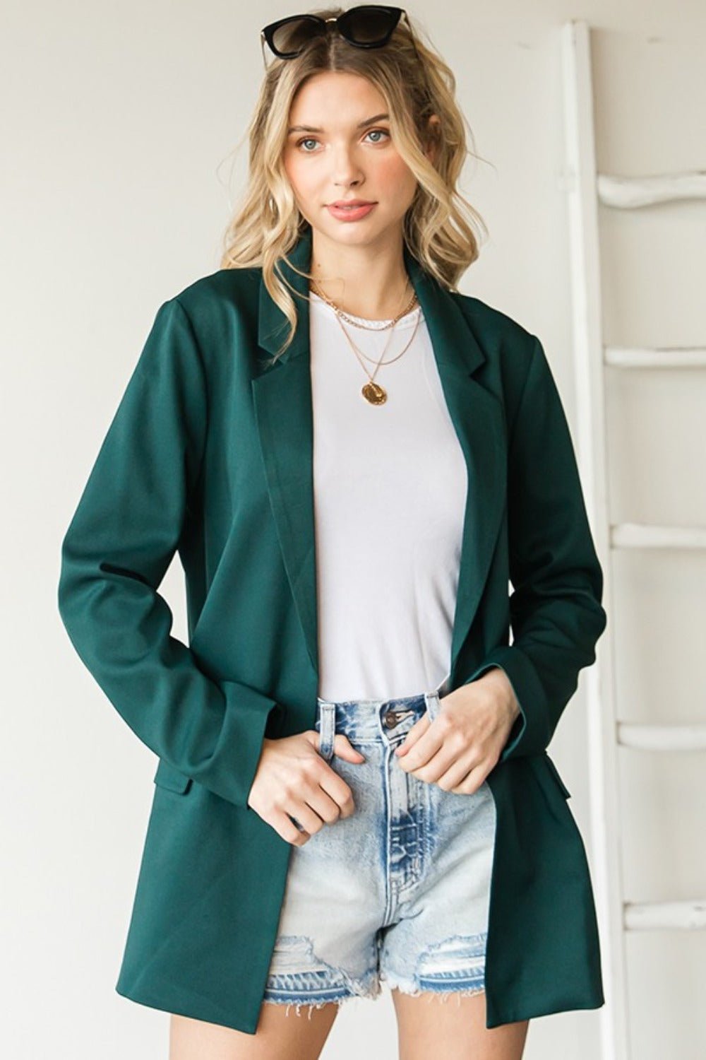 First Love - Open Front Long Sleeve Blazer with Pockets in Hunter Green