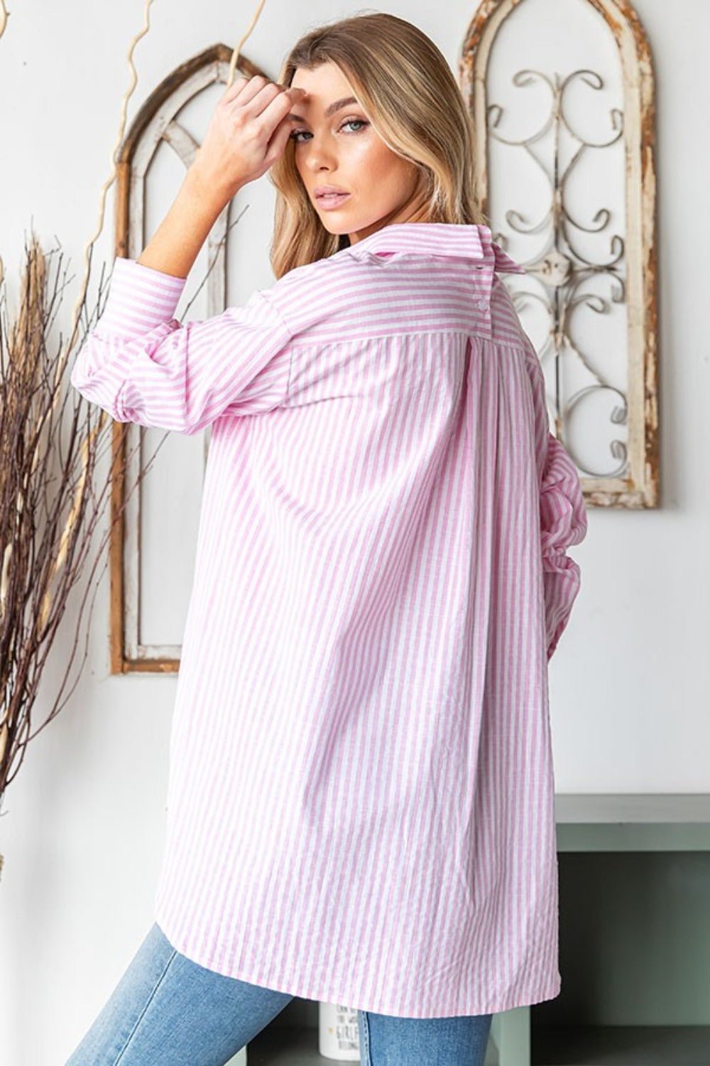 First Love - Pink Striped Button Down High - Low Hem Shirt