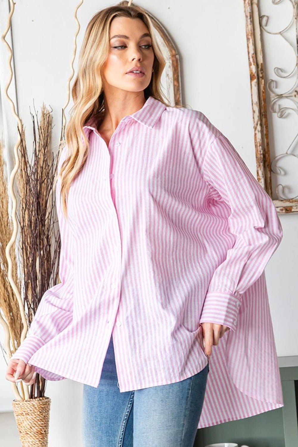 First Love - Pink Striped Button Down High - Low Hem Shirt