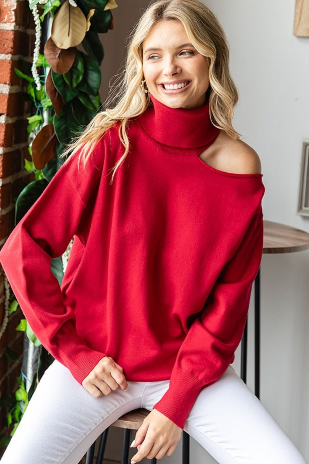 First Love - Red Cold Shoulder Turtleneck Sweater