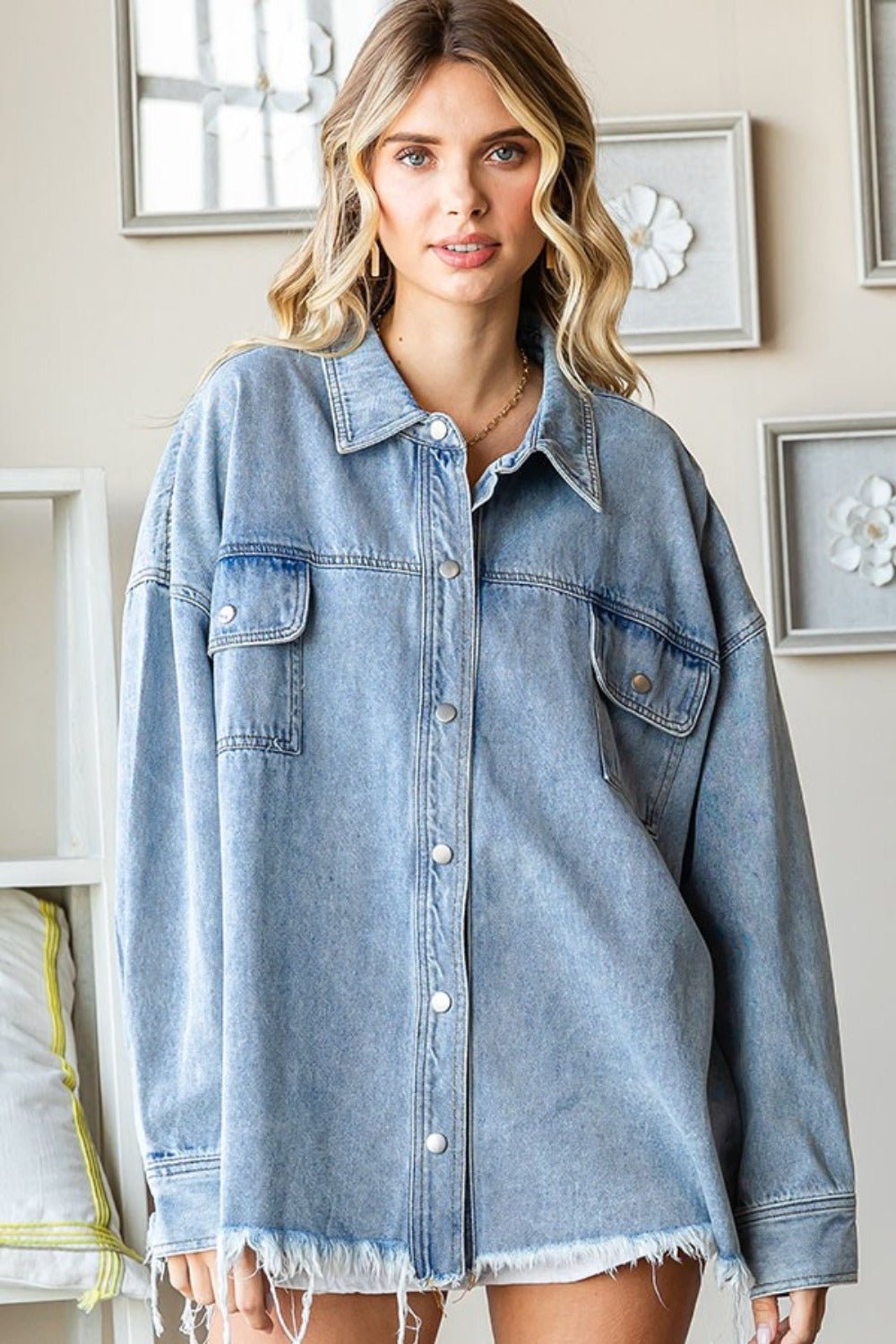 First Love - Smiley Face Button Down Raw Hem Denim Jacket