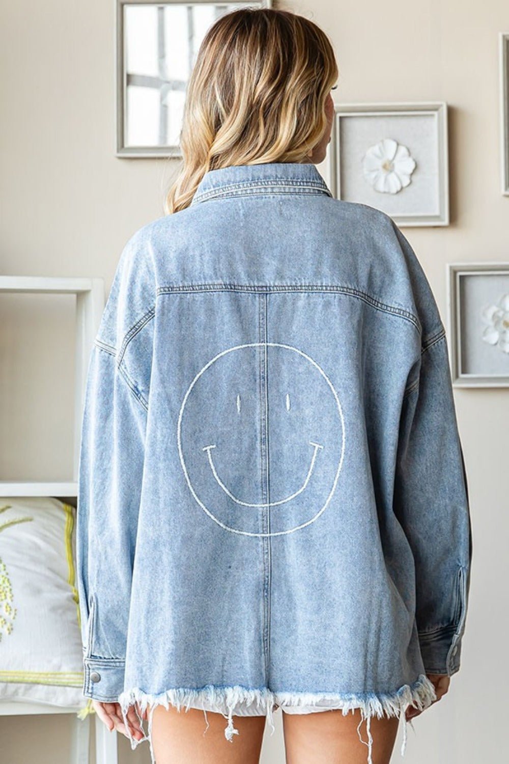 First Love - Smiley Face Button Down Raw Hem Denim Jacket