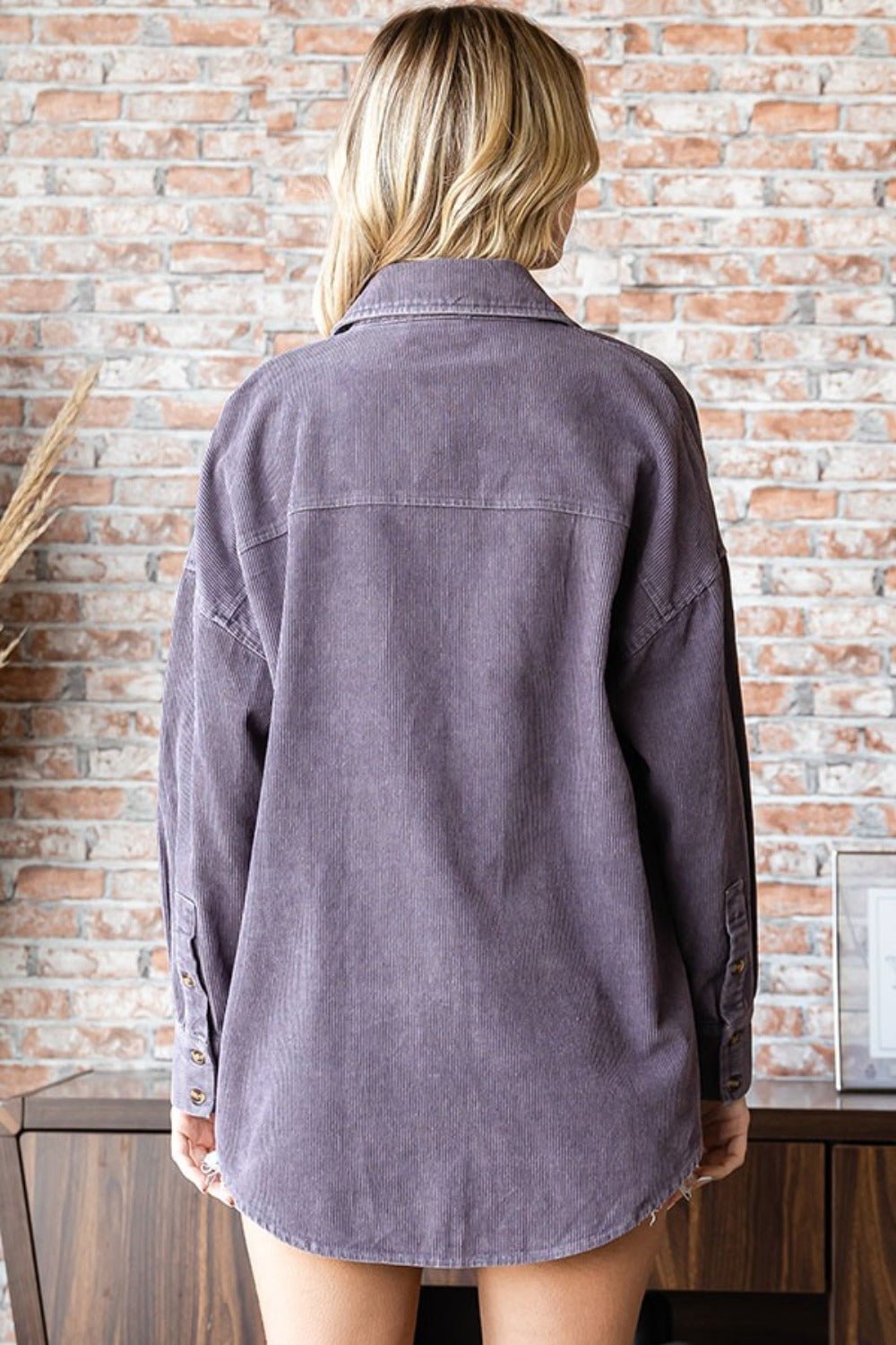 First Love - Washed Corduroy Button Down Long Sleeve Shirt in Purple Gray