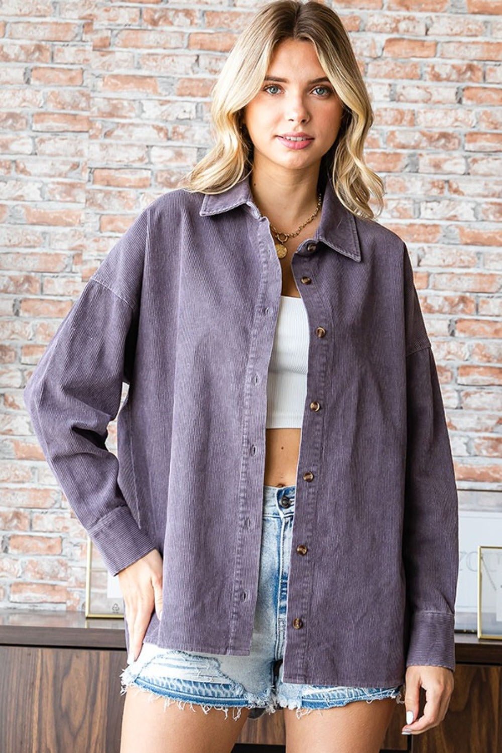 First Love - Washed Corduroy Button Down Long Sleeve Shirt in Purple Gray