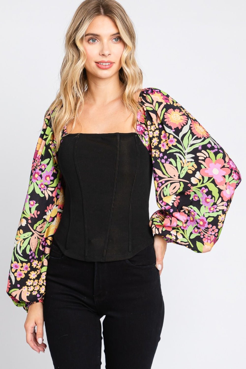 Floral Balloon Sleeve Blouse in BlackBlouseODDI