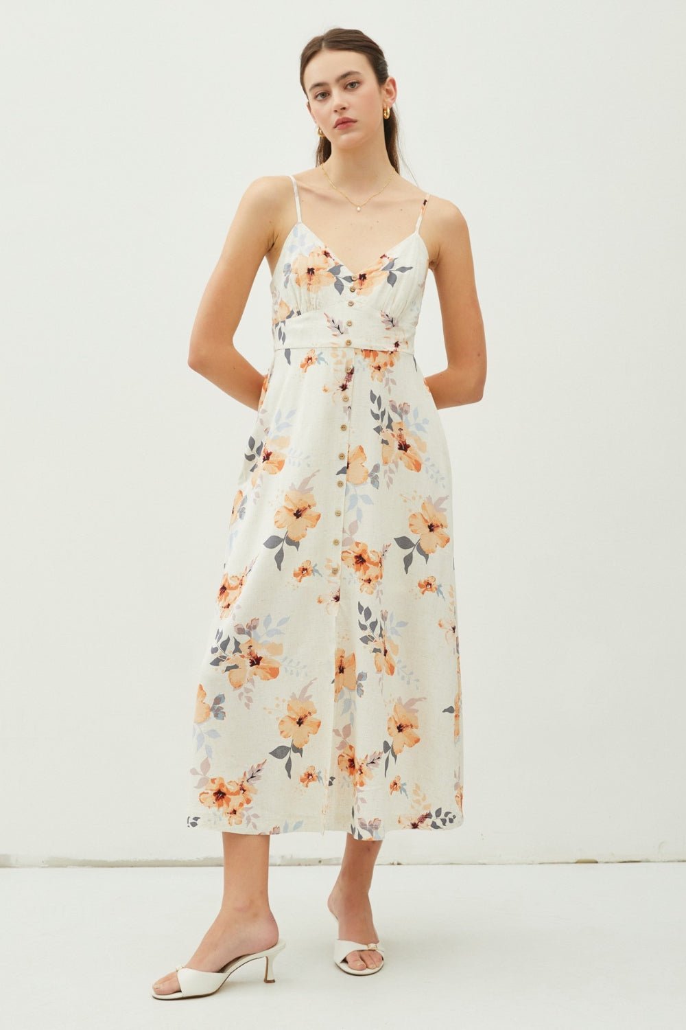Floral Button Down Cami Midi Dress in Peach HibiscusMidi DressBE COOL