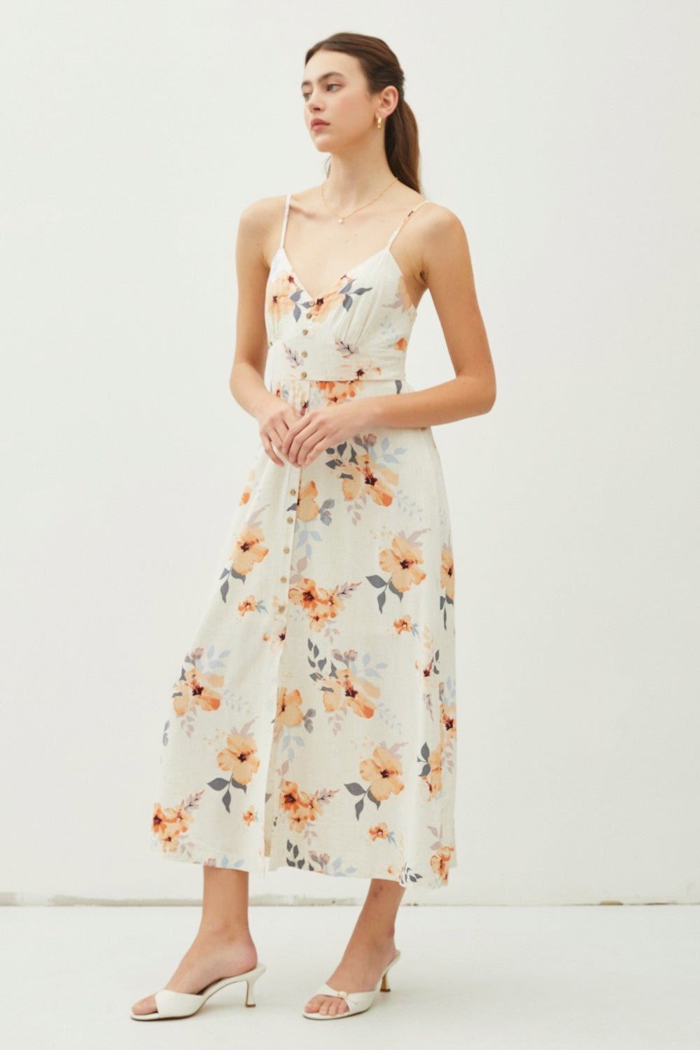 Floral Button Down Cami Midi Dress in Peach HibiscusMidi DressBE COOL