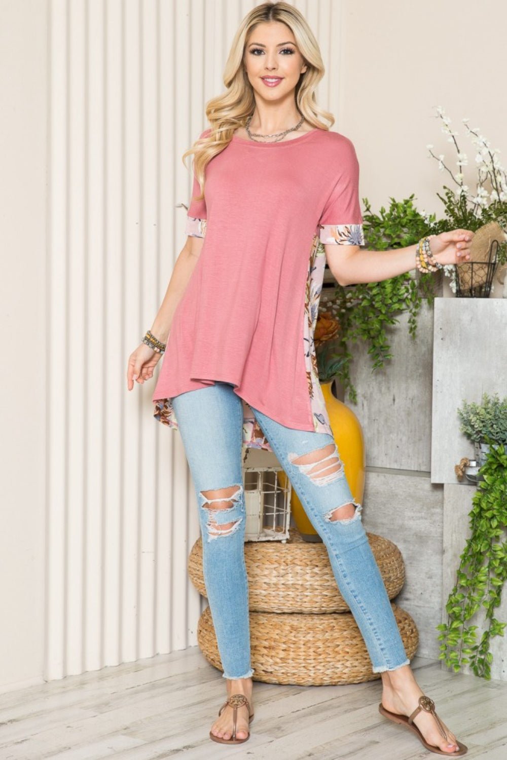 Floral Color Block Cutout T-Shirt in SalmonT-ShirtCeleste Design