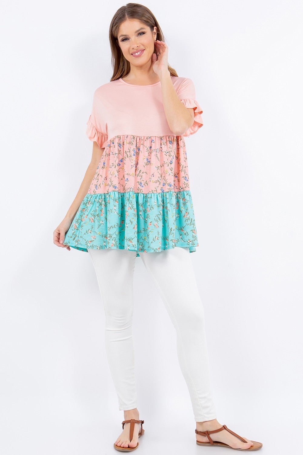 Floral Color Block Ruffled Short Sleeve Top in Peach MintTopCeleste Design