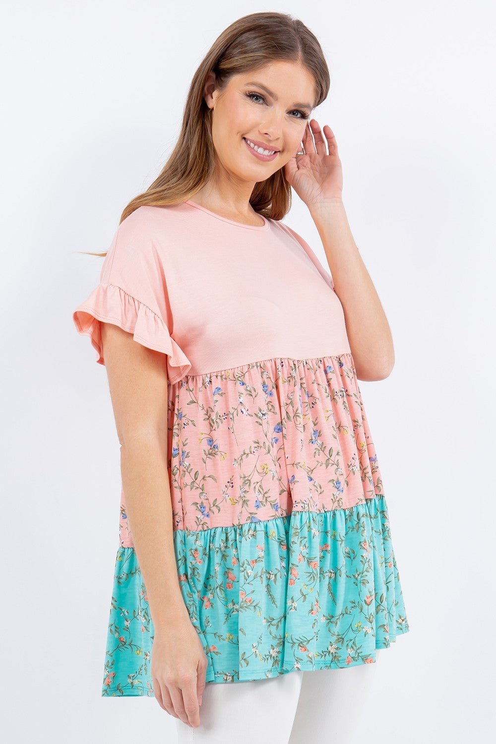Floral Color Block Ruffled Short Sleeve Top in Peach MintTopCeleste Design