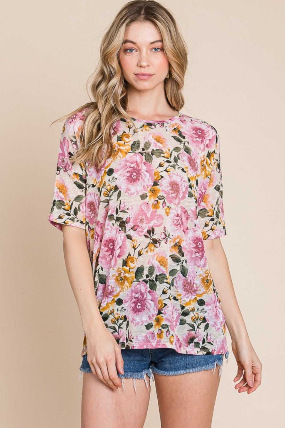 Floral Crew Neck T-Shirt in SandT-ShirtBOMBOM