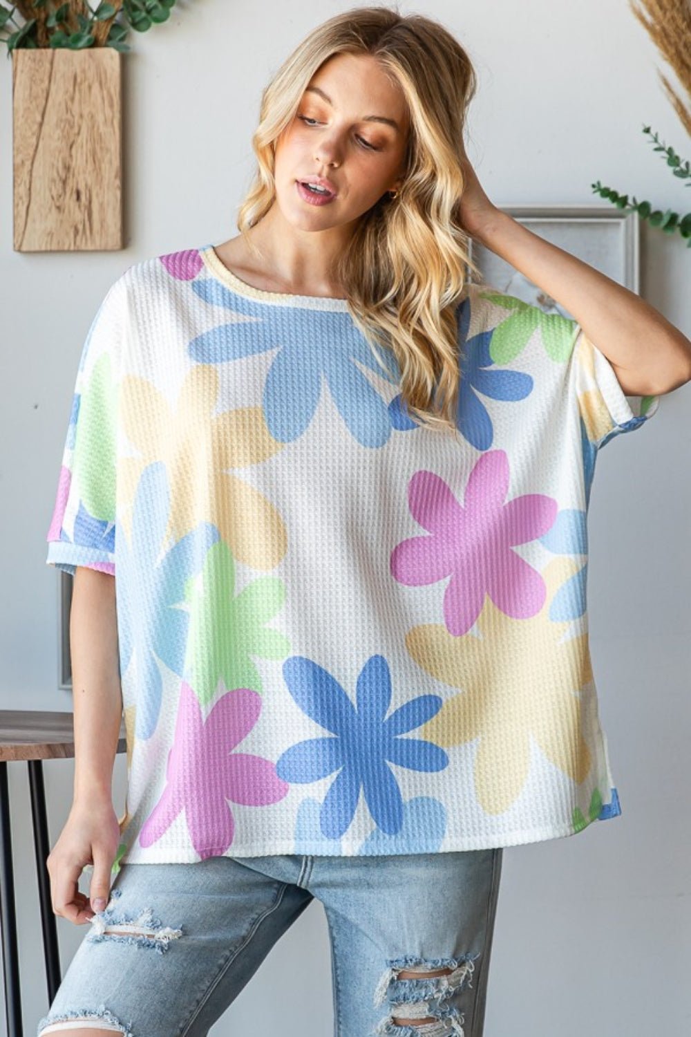 Floral Crew Neck Waffle Knit T-Shirt in Off-WhiteT-ShirtHOPELY