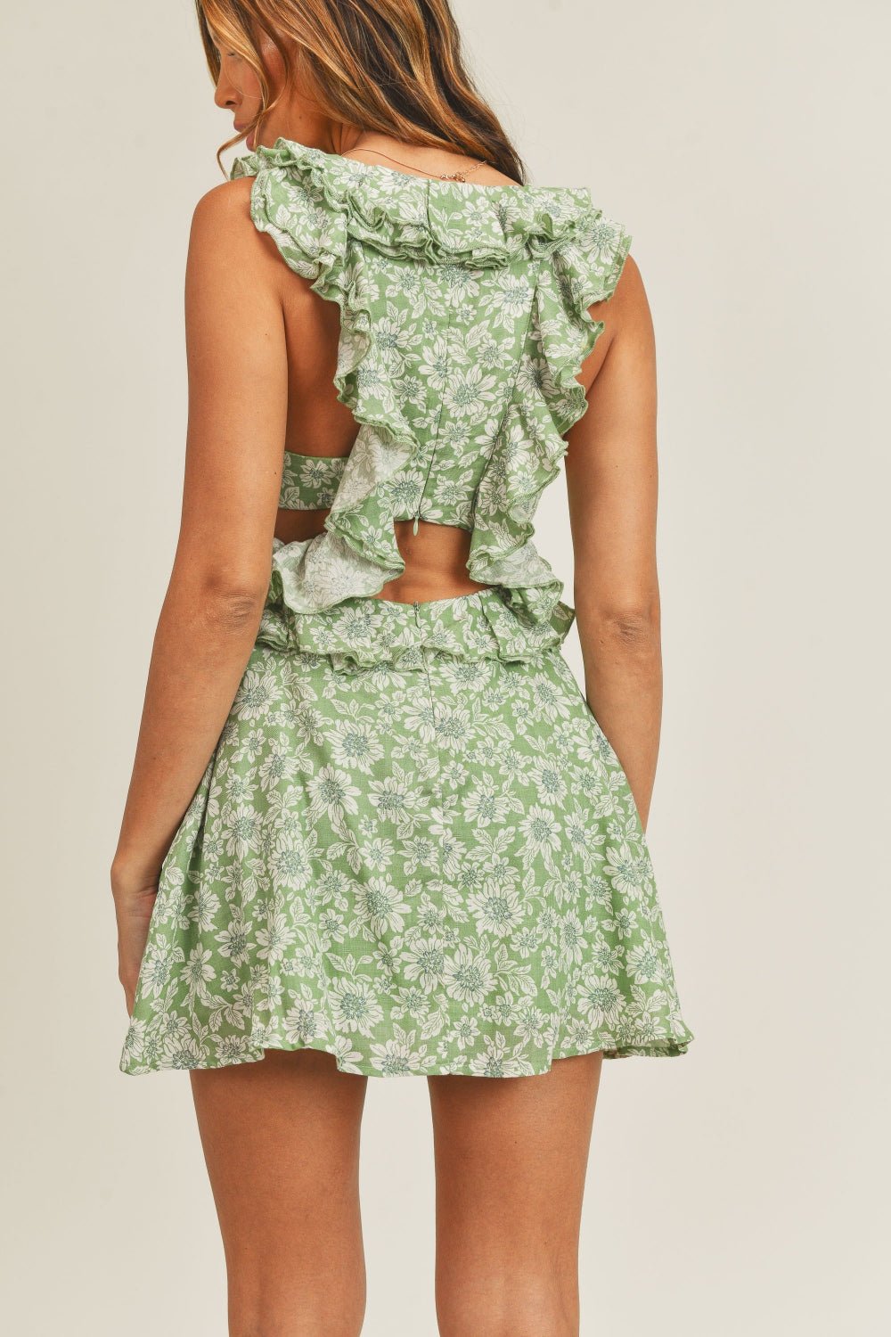 Floral Cutout Ruffled Mini Dress in SageMini DressMable