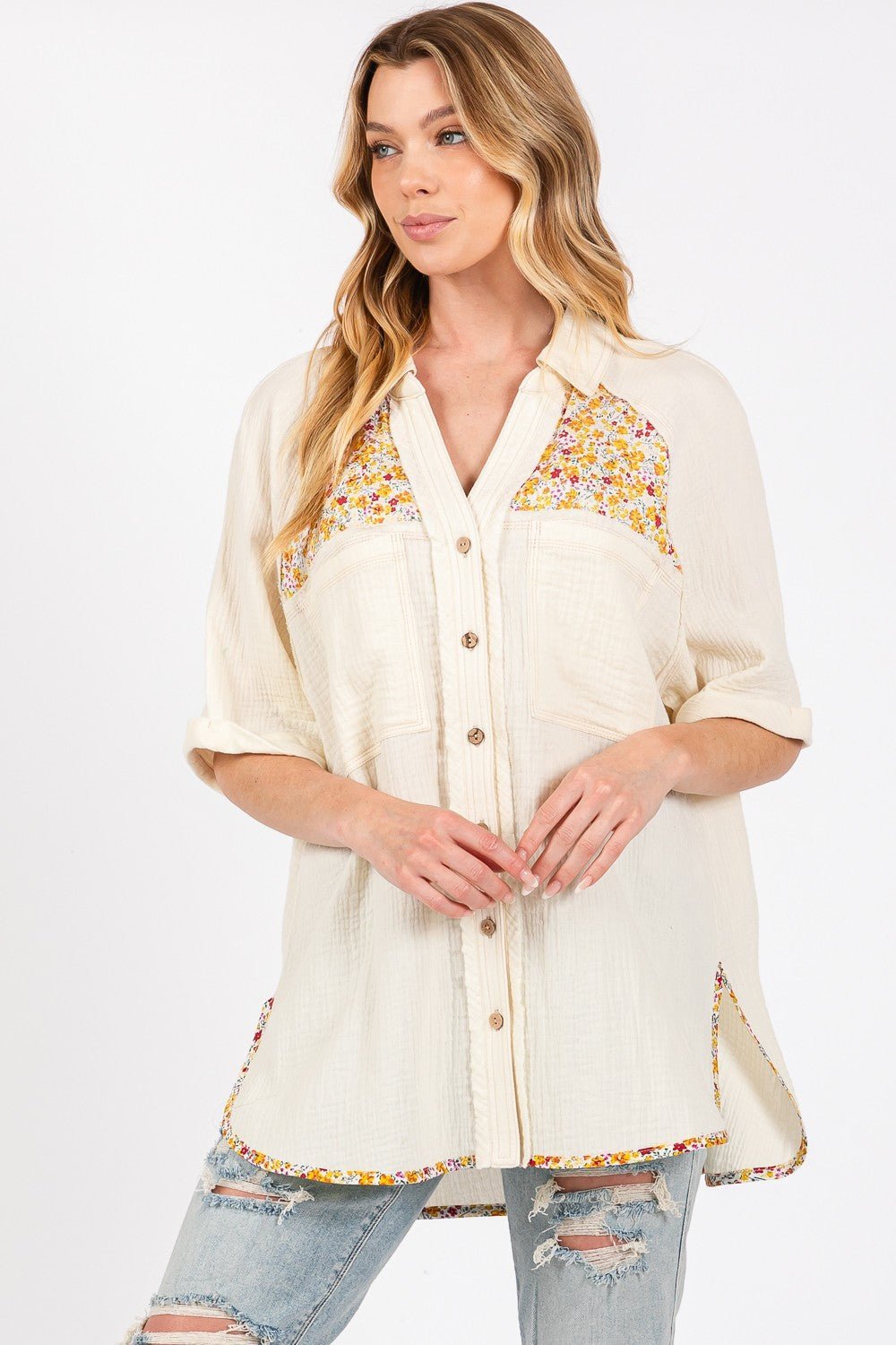 Floral Detail Button Up Short Sleeve Shirt in IvoryShirtSAGE+FIG