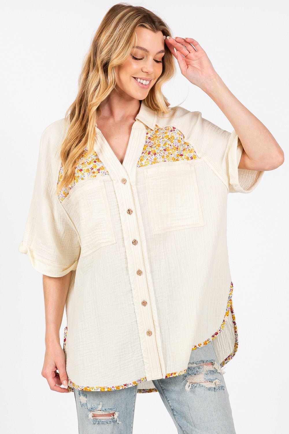 Floral Detail Button Up Short Sleeve Shirt in IvoryShirtSAGE+FIG