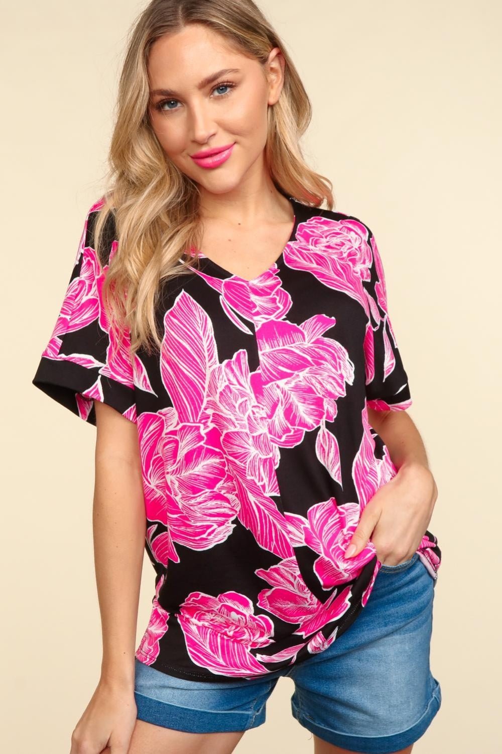 Floral Drop Shoulder T-Shirt in Black/Hot PinkT-ShirtHaptics
