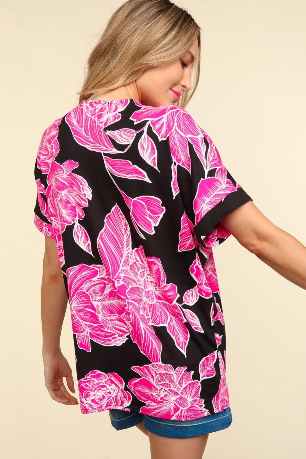 Floral Drop Shoulder T-Shirt in Black/Hot PinkT-ShirtHaptics