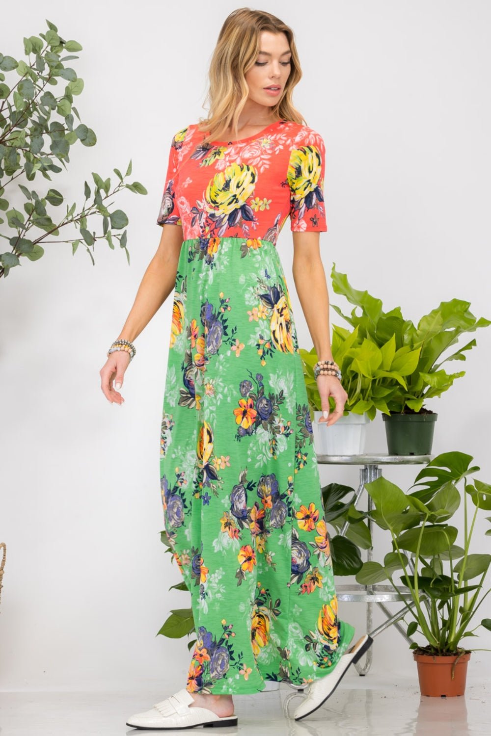 Floral Print Crew Neck Short Sleeve Maxi DressMaxi DressCeleste Design