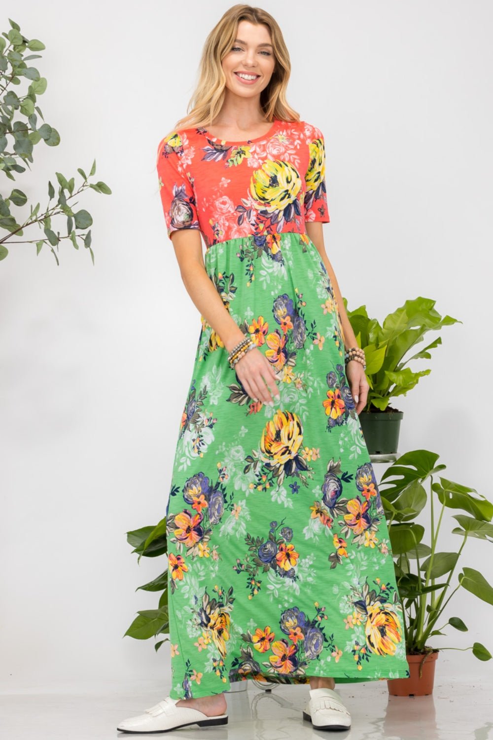 Floral Print Crew Neck Short Sleeve Maxi DressMaxi DressCeleste Design