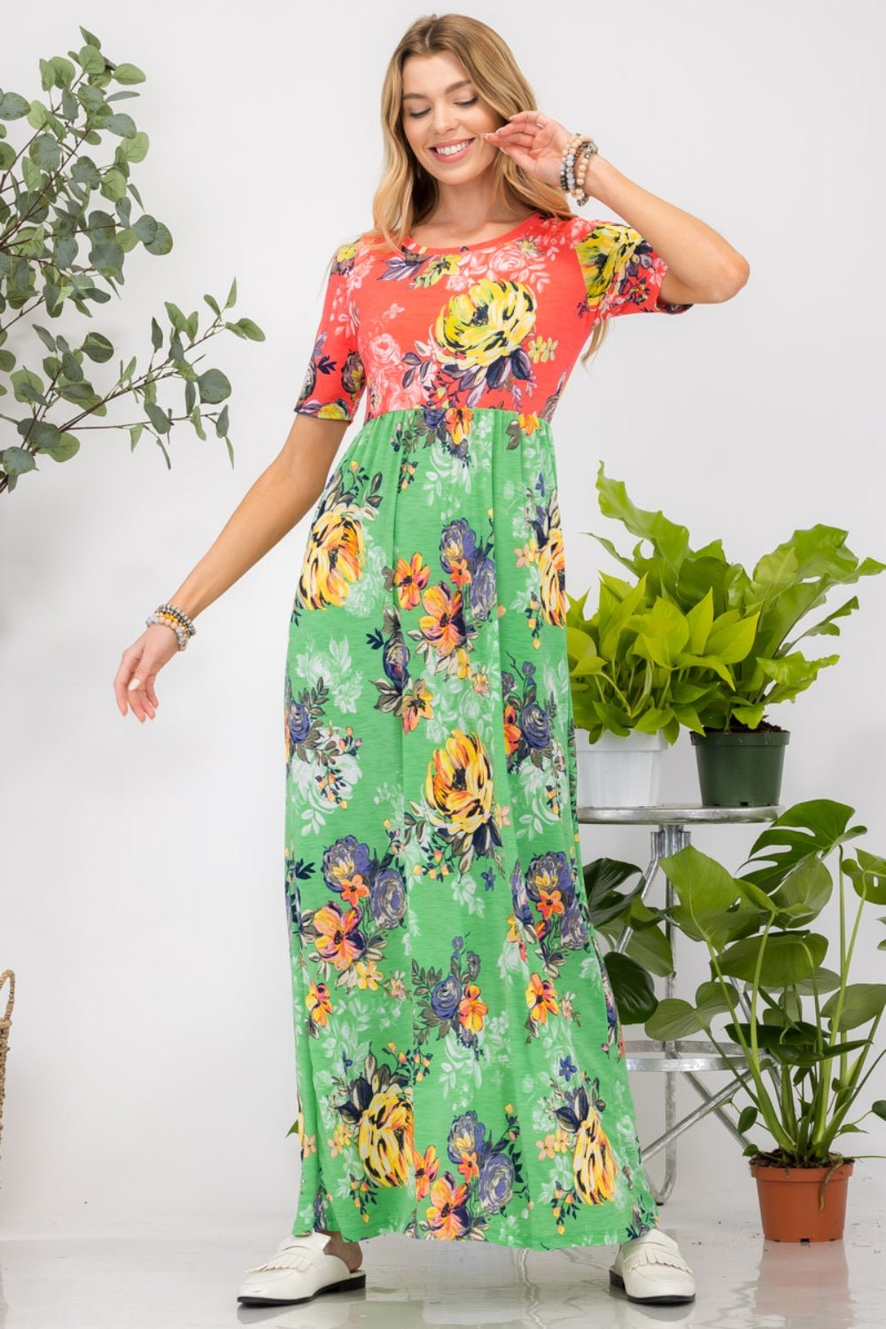 Floral Print Crew Neck Short Sleeve Maxi DressMaxi DressCeleste Design