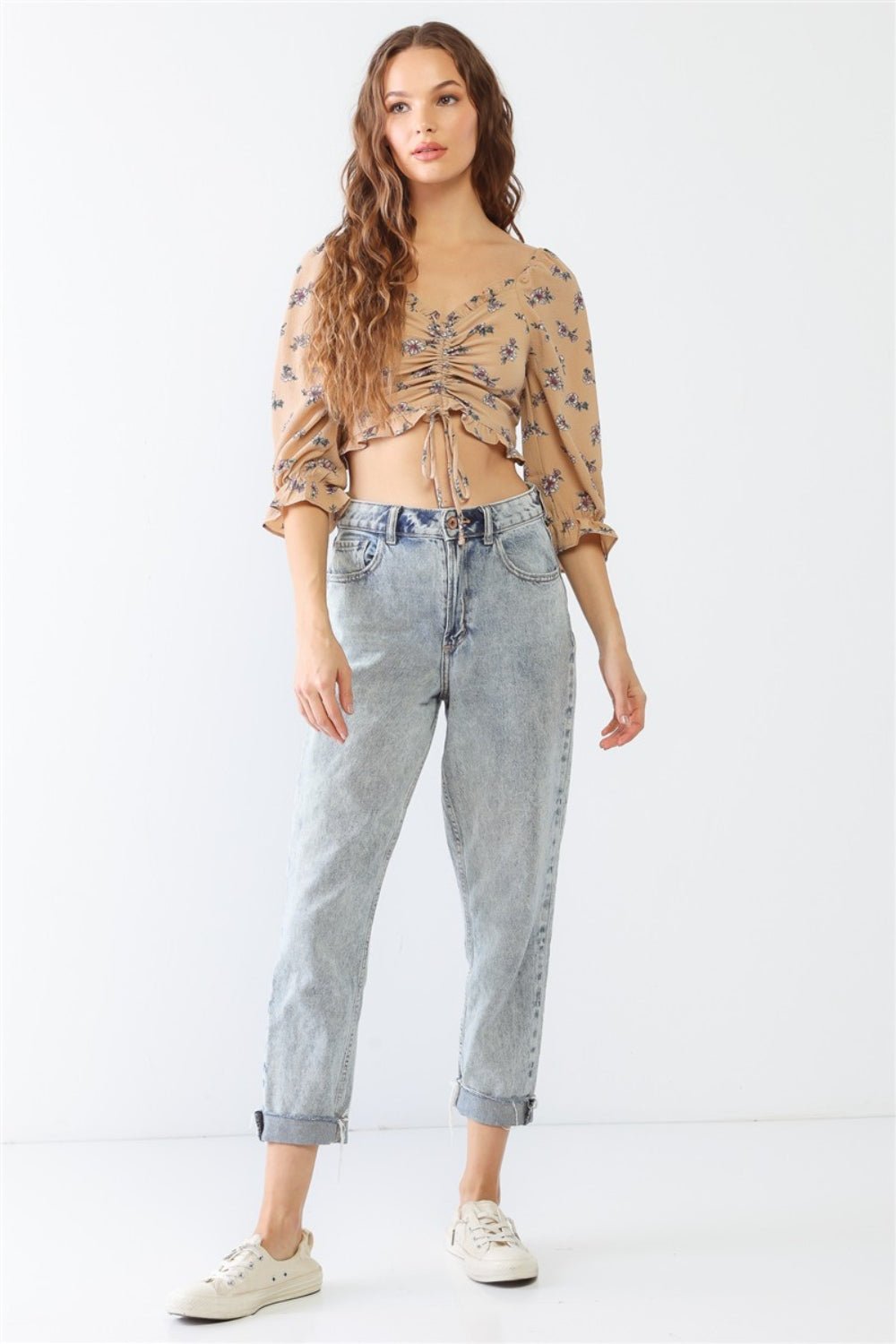 Floral Print Half Sleeve Ruched Crop TopTopTASHA