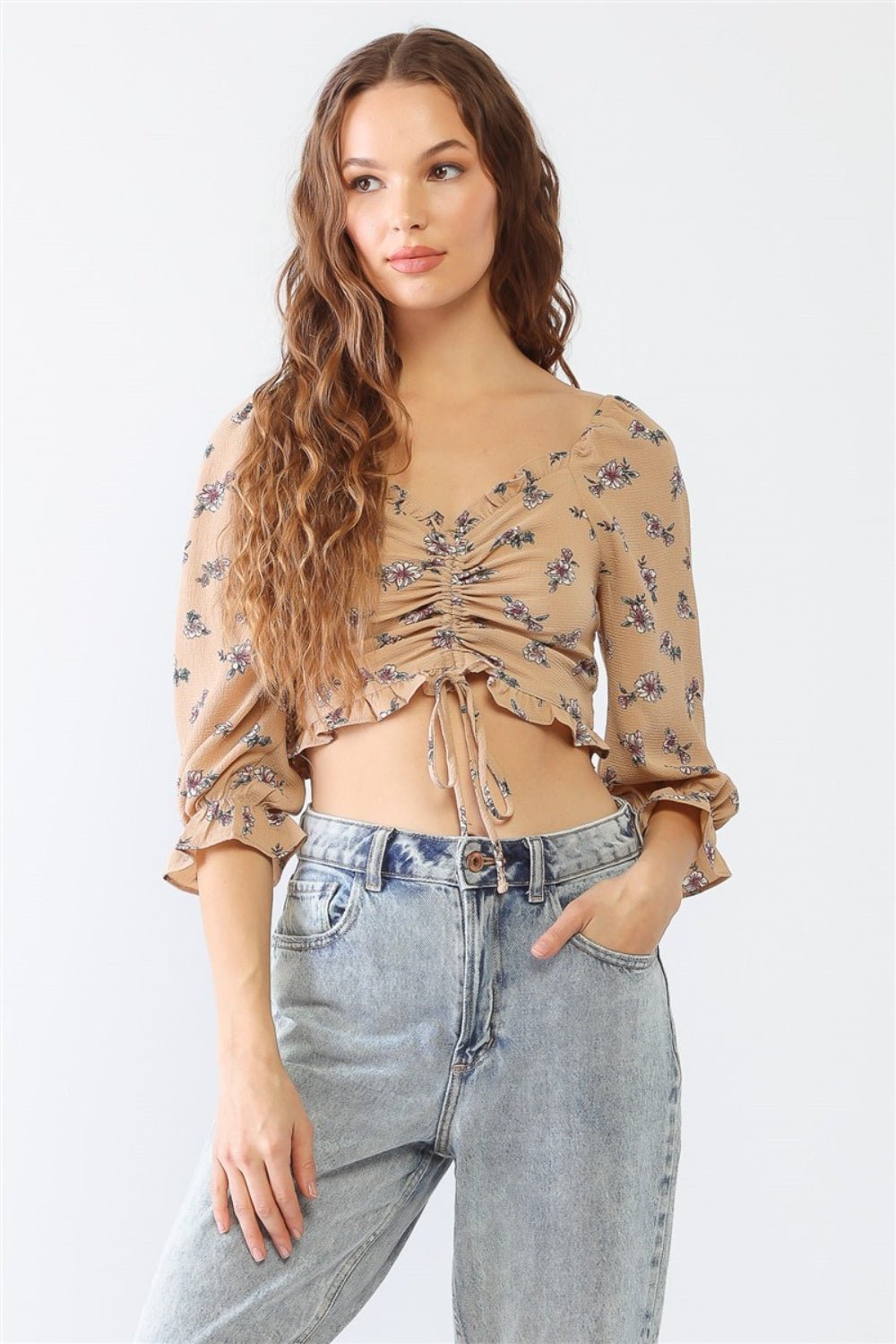 Floral Print Half Sleeve Ruched Crop TopTopTASHA