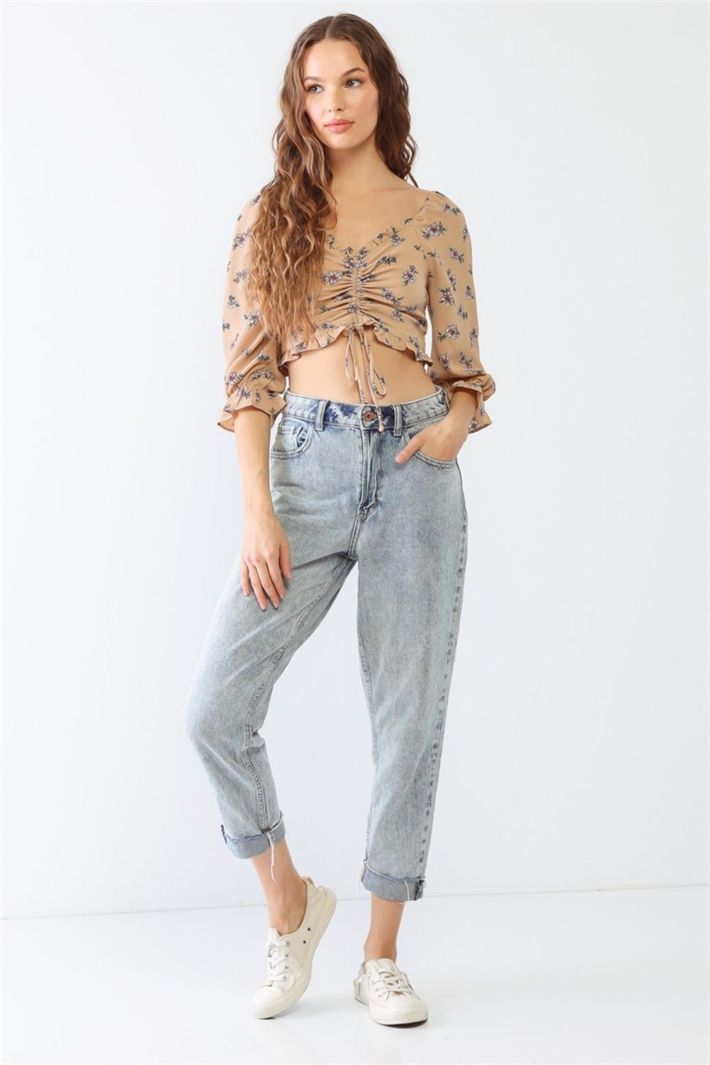 Floral Print Half Sleeve Ruched Crop TopTopTASHA